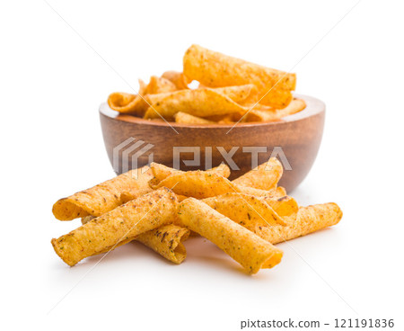 Rolled nachos tortilla chips isolated on white background. Rolled nachos tortilla chips isolated on white background. 121191836