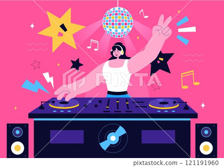 DJ Vector Illustration Featuring a Young Musician Wearing Headphones, Mixing Music on a Turntable, Nightlife Club Lifestyle at a Nightclub Party DJ Vector Illustration Featuring a Young Musician Wearing Headphones, Mixing Music on a Turntable, Nightlife Club Lifestyle at a Nightclub Party 121191960