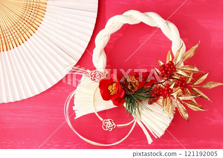 Japanese modern background material with folding fans and shimenawa decorations 121192005