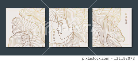 Vector set of line woman line cards, abstract beauty art deco portrait, hair salon, nature product package. Fashion feminine square posters. 121192078