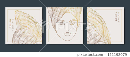 Vector set of line woman line cards, abstract beauty art deco portrait, hair salon, nature product package. Fashion feminine square posters. 121192079