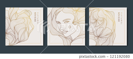 Vector set of line woman line cards, abstract beauty art deco portrait, hair salon, nature product package. Fashion feminine square posters. 121192080