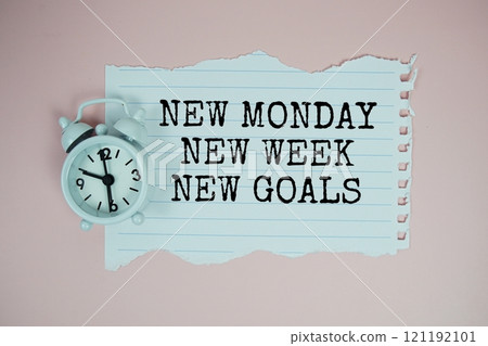 New Monday New Week New Goals text motivational and inspiration quote with alarm clock on pink background New Monday New Week New Goals text motivational and inspiration quote with alarm clock on pink background 121192101