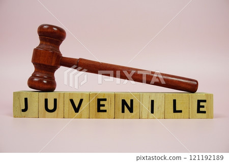 Juvenile alphabet letters with wooden blocks alphabet letters and Gavel on pink background 121192189