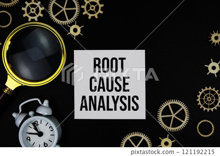 RCA Root Cause Analysis text message on sticky note with magnifying glass and alarm clock on black background 121192215