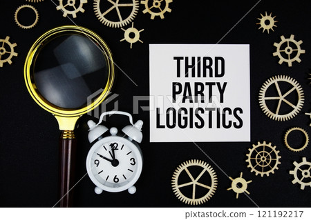 Third-party Logistics text message on sticky note with magnifying glass and alarm clock on black background 121192217