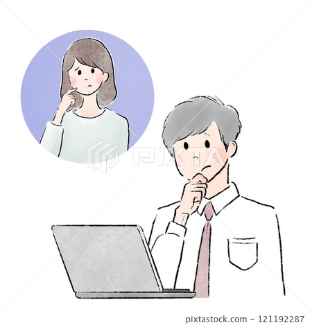A scene where a man and a woman are having an online conversation with a troubled look on their face A scene where a man and a woman are having an online conversation with a troubled look on their face 121192287