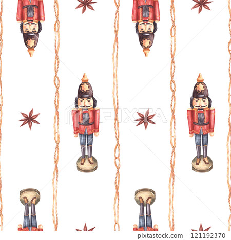 The Nutcracker toy vintage seamless pattern of vertical rope strips and anise star. Winter Christmas wooden soldier, traditional ornament. Watercolor hand drawn illustration on isolated background 121192370