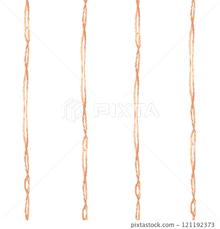 Jute rope, cords with knots vertically striped seamless pattern. Hand drawn watercolor illustration. Universal background for your design of fabric, wallpaper, packaging, tablecloths. Isolated clipart Jute rope, cords with knots vertically striped seamless pattern. Hand drawn watercolor illustration. Universal background for your design of fabric, wallpaper, packaging, tablecloths. Isolated clipart 121192373