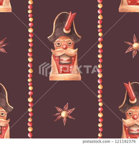Nutcracker toy with anise star and striped red gold balls garland Christmas seamless patten, traditional festive ornament print. Watercolor hand drawn illustration on isolated dark coloured background Nutcracker toy with anise star and striped red gold balls garland Christmas seamless patten, traditional festive ornament print. Watercolor hand drawn illustration on isolated dark coloured background 121192376