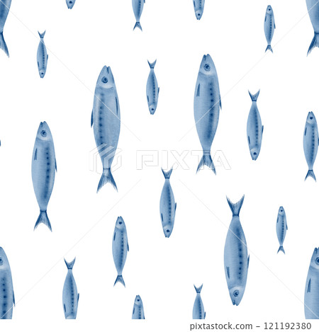 Sardine fish in seamless pattern swimming up and down in stylized watercolor illustration on a transparent background for the holiday sardine funeral,fish restaurants,posters,fish markets and stores 121192380