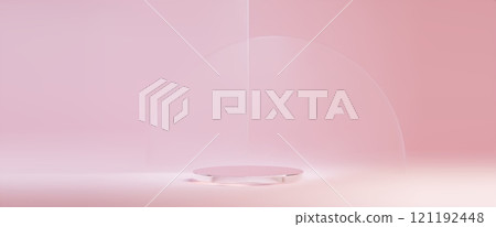 Round glass podium on light pink background 121192448
