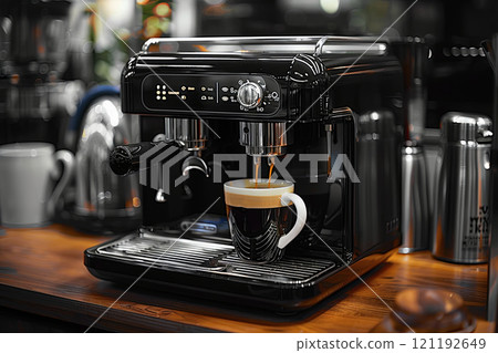Black coffee maker with cup of coffee in it Black coffee maker with cup of coffee in it 121192649