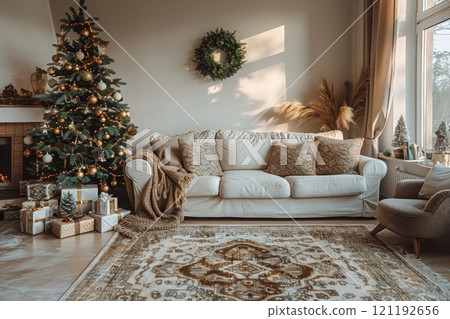 Living room with Christmas tree and wreath on wall, decorated with white couch and brown rug 121192656