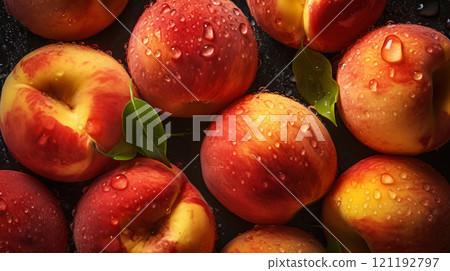 Fresh ripe peaches with water drops background. Fruits backdrop. Generative AI 121192797
