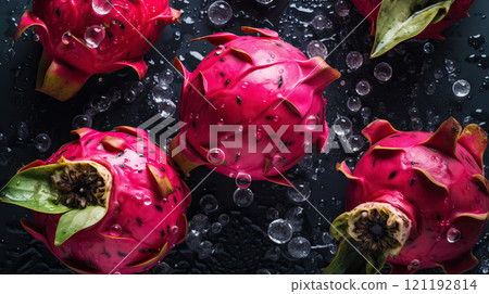 Fresh ripe dragon fruits with water drops background. Fruits backdrop. Generative AI 121192814