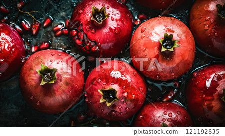 Fresh ripe pomegranades with water drops background. Fruits backdrop. Generative AI 121192835
