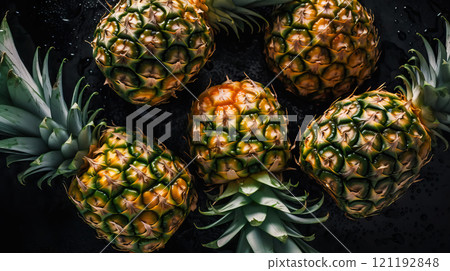 Fresh ripe pineapple with water drops background. Fruits backdrop. Generative AI 121192848