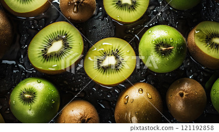 Fresh ripe kiwi with water drops background. Fruits backdrop. Generative AI 121192858