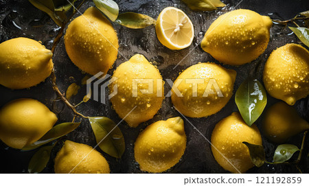 Fresh ripe lemons with water drops background. Fruits backdrop. Generative AI Fresh ripe lemons with water drops background. Fruits backdrop. Generative AI 121192859