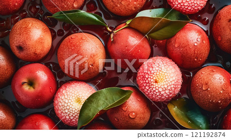 Fresh ripe lychees with water drops background. Fruits backdrop. Generative AI 121192874