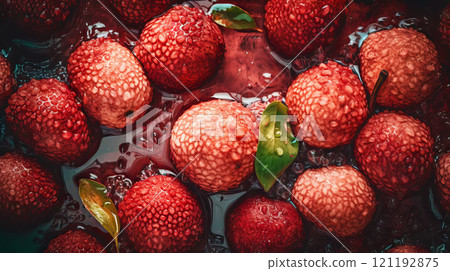 Fresh ripe lychees with water drops background. Fruits backdrop. Generative AI 121192875