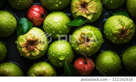 Fresh ripe guavas with water drops background. Fruits backdrop. Generative AI 121192910
