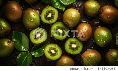 Fresh ripe kiwi with water drops background. Fruits backdrop. Generative AI 121192961