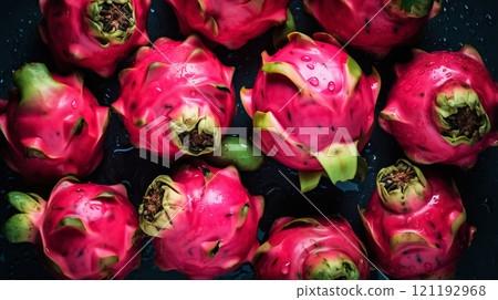 Fresh ripe dragon fruits with water drops background. Fruits backdrop. Generative AI 121192968