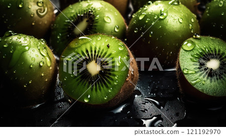 Fresh ripe kiwi with water drops background. Fruits backdrop. Generative AI 121192970