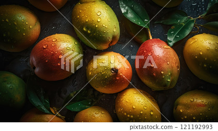Fresh ripe mangos with water drops background. Fruits backdrop. Generative AI 121192993