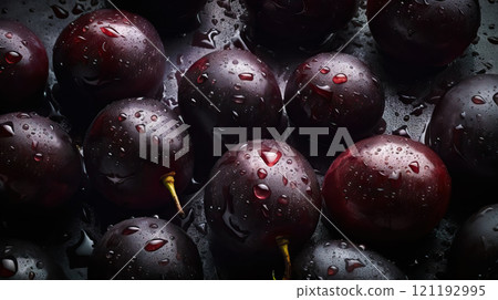 Fresh ripe plums with water drops background. Fruits backdrop. Generative AI Fresh ripe plums with water drops background. Fruits backdrop. Generative AI 121192995