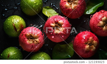 Fresh ripe guavas with water drops background. Fruits backdrop. Generative AI 121193023