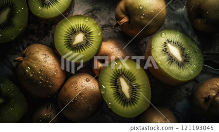 Fresh ripe kiwi with water drops background. Fruits backdrop. Generative AI Fresh ripe kiwi with water drops background. Fruits backdrop. Generative AI 121193045