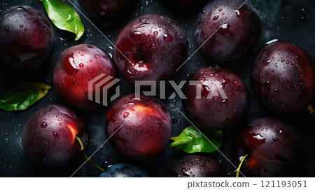 Fresh ripe plums with water drops background. Fruits backdrop. Generative AI Fresh ripe plums with water drops background. Fruits backdrop. Generative AI 121193051
