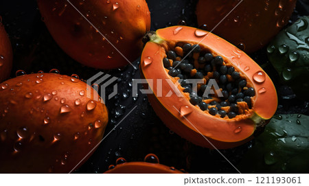 Fresh ripe papayas with water drops background. Fruits backdrop. Generative AI 121193061