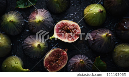 Fresh ripe figs with water drops background. Fruits backdrop. Generative AI Fresh ripe figs with water drops background. Fruits backdrop. Generative AI 121193065