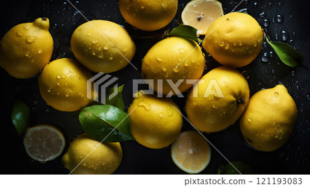 Fresh ripe lemons with water drops background. Fruits backdrop. Generative AI 121193083