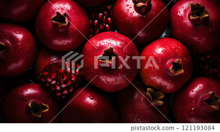 Fresh ripe pomegranades with water drops background. Fruits backdrop. Generative AI 121193084