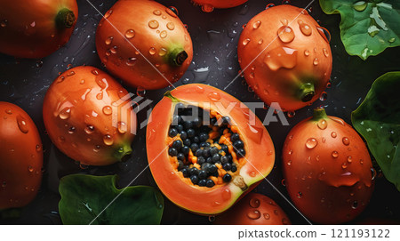 Fresh ripe papayas with water drops background. Fruits backdrop. Generative AI 121193122