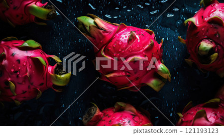 Fresh ripe dragon fruits with water drops background. Fruits backdrop. Generative AI 121193123