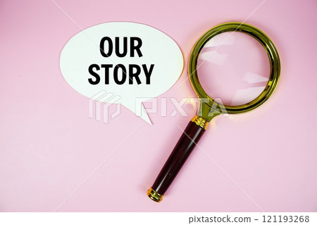 Our Strory text on speech bubble with alarm clock top view on pink background Our Strory text on speech bubble with alarm clock top view on pink background 121193268