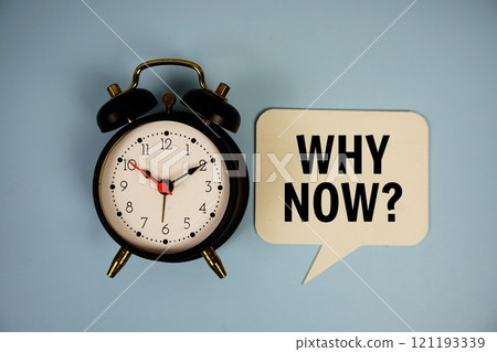 Why now? text on speech bubble with alarm clock top view on blue background Why now? text on speech bubble with alarm clock top view on blue background 121193339