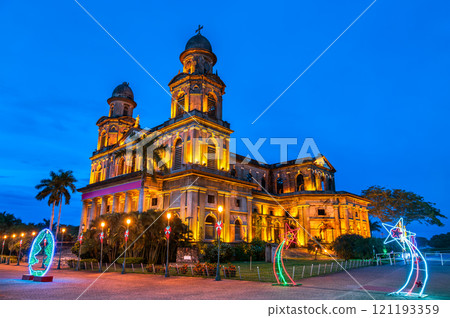 Old Cathedral of Managua, Damaged by Earthquakes, Illuminated at Night in Nicaragua 121193359