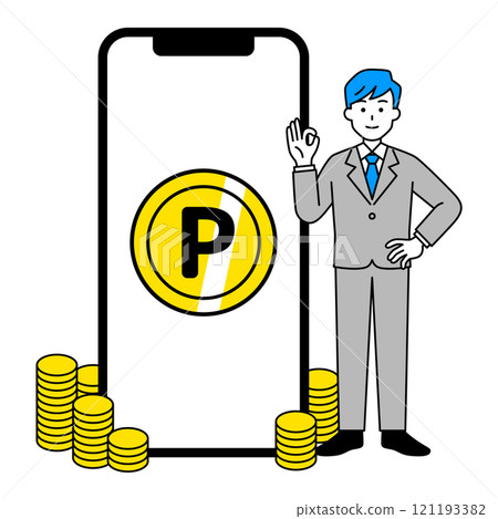 A man in a suit with lots of points saved up on his smartphone A man in a suit with lots of points saved up on his smartphone 121193382