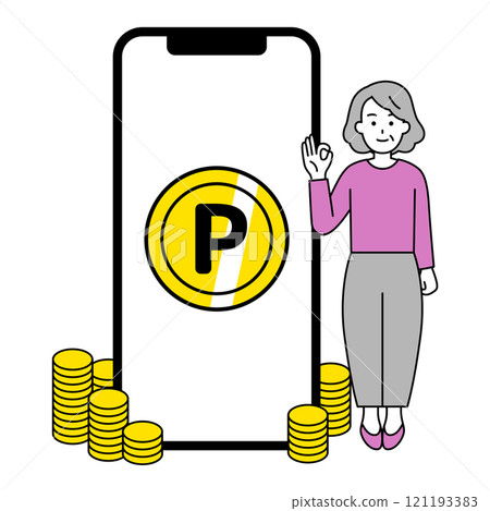 An elderly woman with lots of points accumulated on her smartphone 121193383