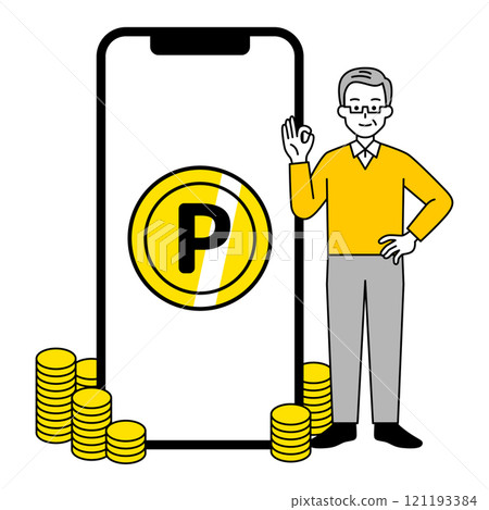 An elderly man with lots of points accumulated on his smartphone An elderly man with lots of points accumulated on his smartphone 121193384