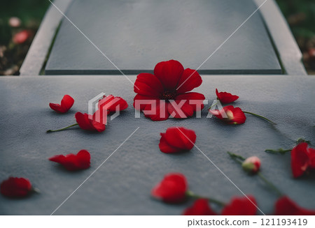 A red flower and petals on a concrete tombstone. RIP. 121193419