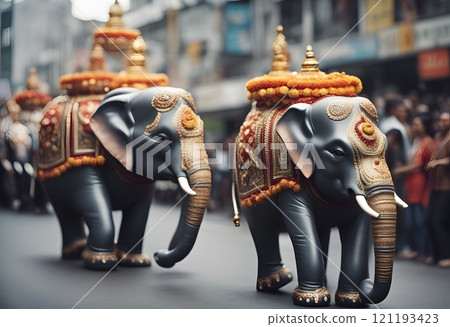 Decorated elephants with gold plated caparisons standing for parade on festival in India. 121193423