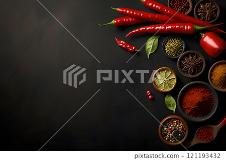 Cooking food stone concrete background with spices, olive oil, garlic, onion, pepper, herbs, basil. Top view copy space 121193432